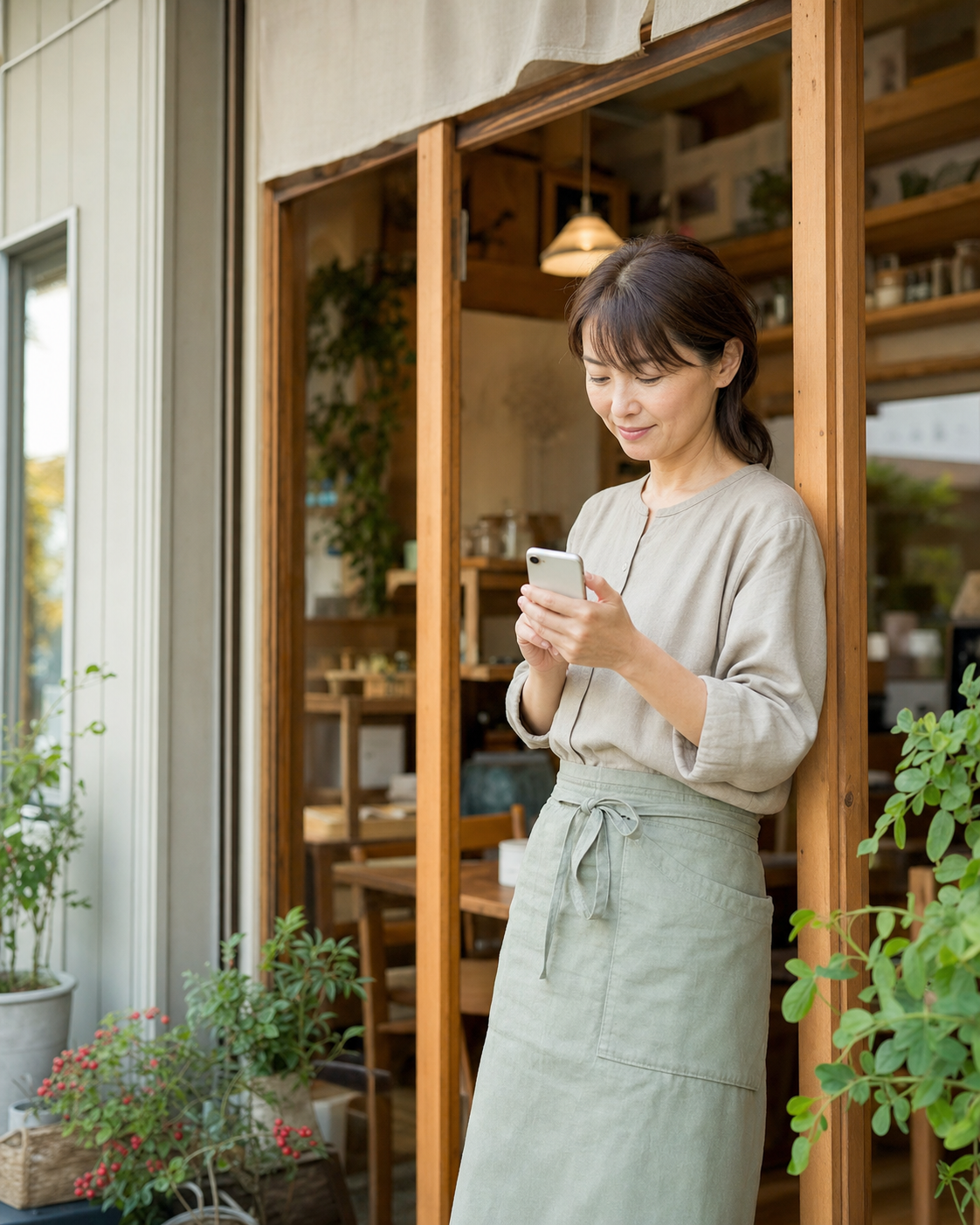 店舗前でスマートフォンを確認するカフェオーナー