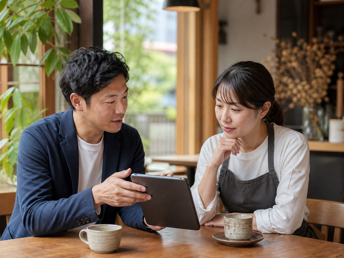 MEOコンサルタントと店舗オーナーが一緒にタブレットを確認する様子