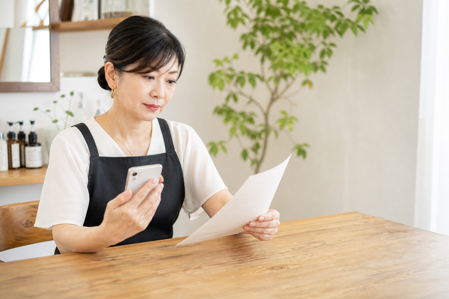 書類を確認する美容室オーナー