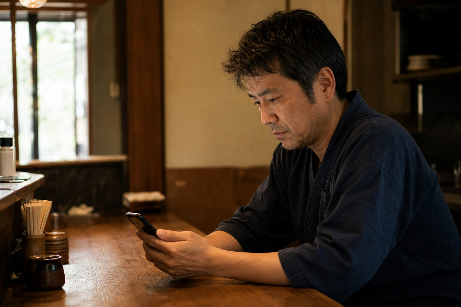 スマートフォンを見て考える飲食店オーナー