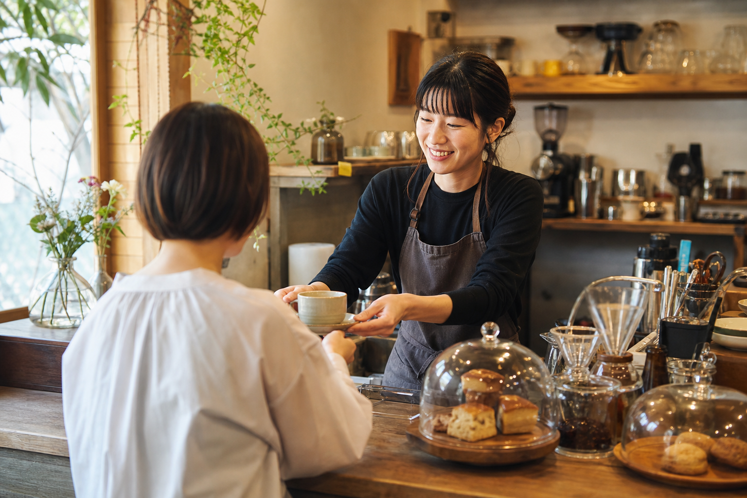 お客様へ接客するカフェオーナー